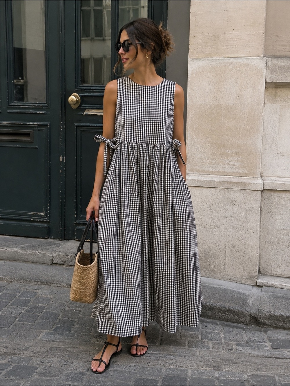 Gingham Black and White Oversized Maxi Dress – With Pockets